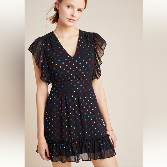 ANTHROPOLOGIE / ALI & JAY Black Ruffle Mini Metallic Polka Dot Dress - Sz S - Picture 1 of 14